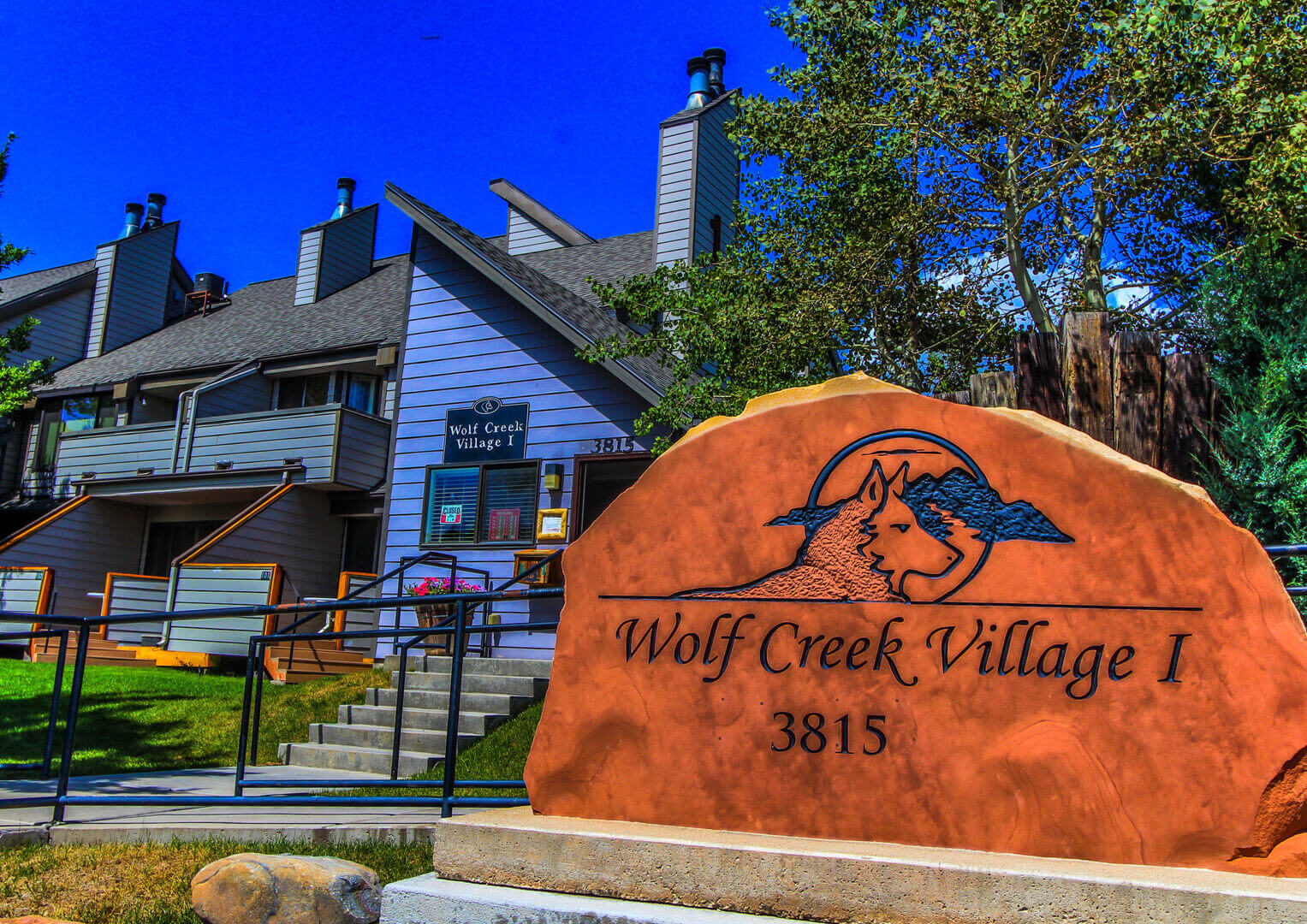 A vibrant resort signage at VRI's Wolf Creek Village I in Eden, Utah.